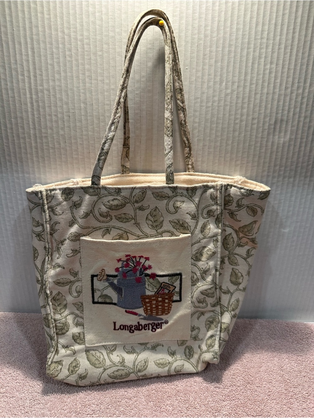 Longaberger Cream Canvas Tote with Green Leaf Motif and Embroidered Front Pocket